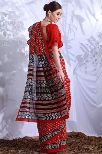 Red floral printed art silk dabu saree