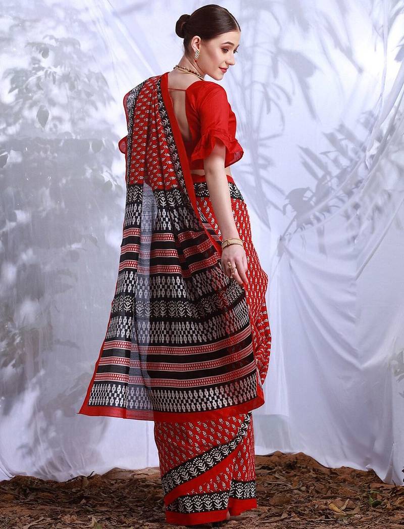 Red floral printed art silk dabu saree