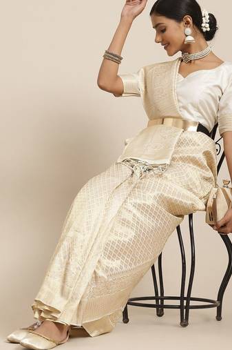 Cream cream-coloured & gold-toned paisley zari silk blend kanjeevaram saree