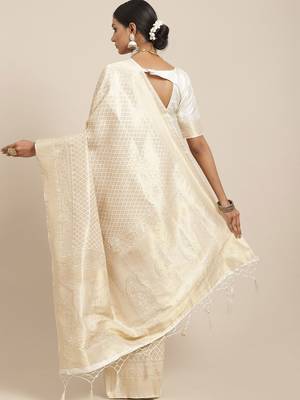 Cream cream-coloured & gold-toned paisley zari silk blend kanjeevaram saree 2