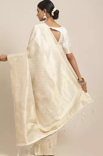 Cream cream-coloured & gold-toned paisley zari silk blend kanjeevaram saree