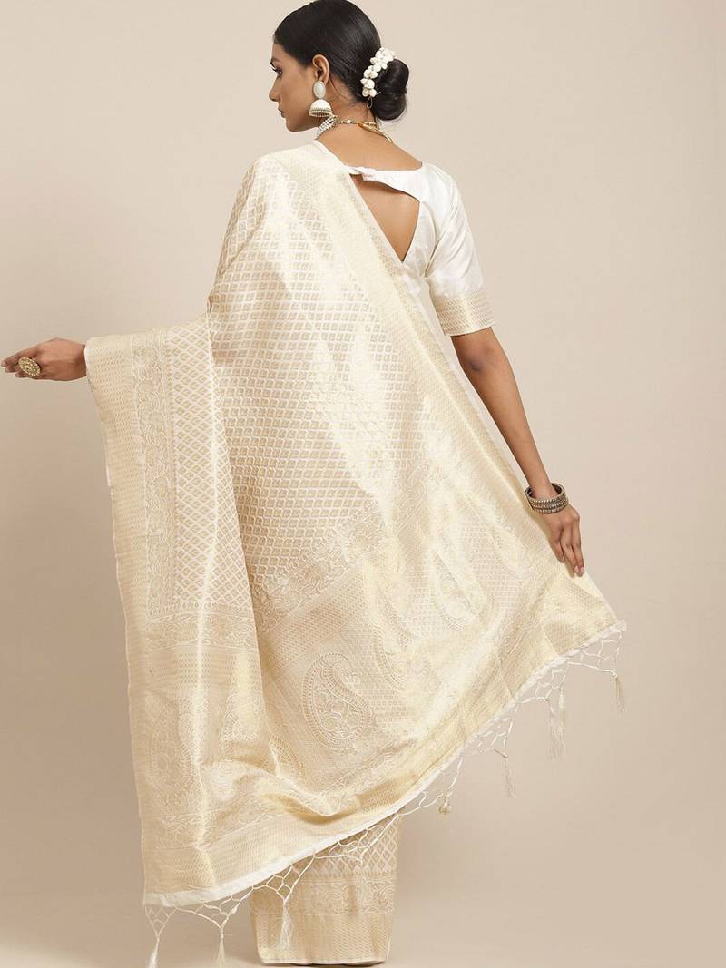 Cream cream-coloured & gold-toned paisley zari silk blend kanjeevaram saree