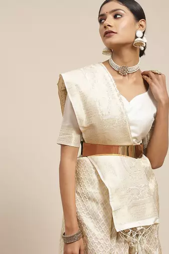 Cream cream-coloured & gold-toned paisley zari silk blend kanjeevaram saree