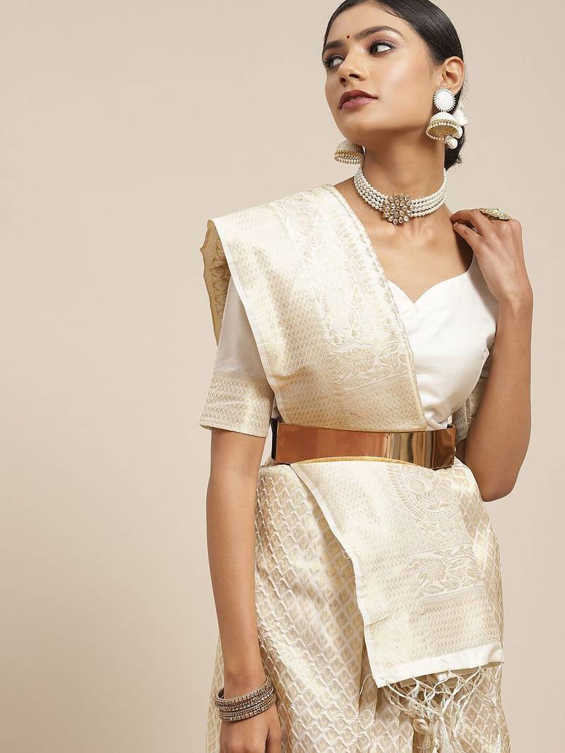 Cream cream-coloured & gold-toned paisley zari silk blend kanjeevaram saree