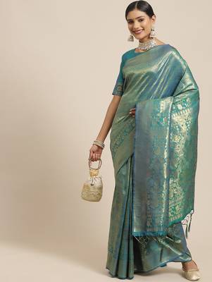 Teal teal & gold-toned woven design zari silk blend kanjeevaram saree 1