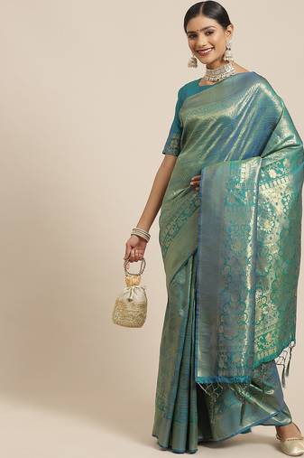 Teal teal & gold-toned woven design zari silk blend kanjeevaram saree