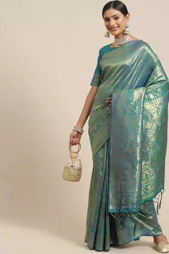 Teal teal & gold-toned woven design zari silk blend kanjeevaram saree