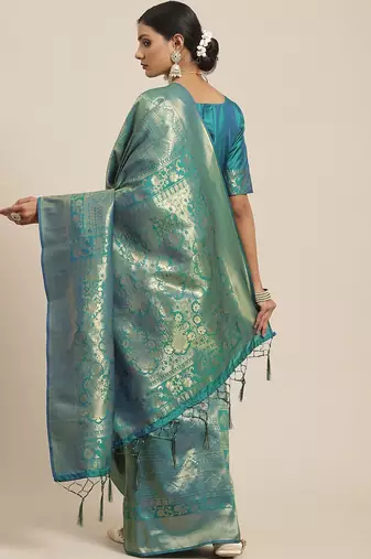 Teal teal & gold-toned woven design zari silk blend kanjeevaram saree