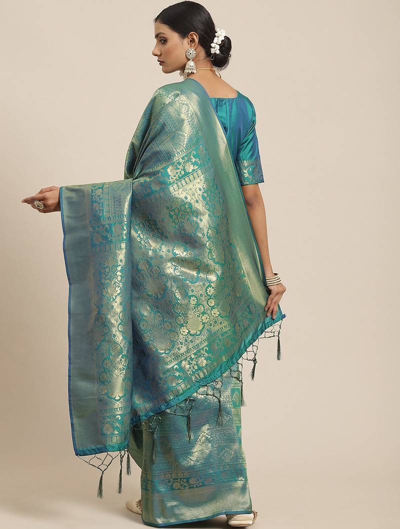 Teal teal & gold-toned woven design zari silk blend kanjeevaram saree