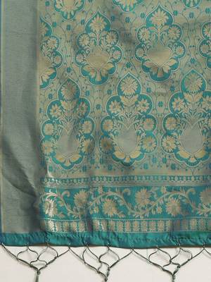 Teal teal & gold-toned woven design zari silk blend kanjeevaram saree 3