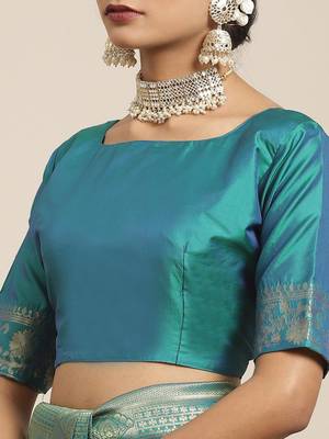Teal teal & gold-toned woven design zari silk blend kanjeevaram saree 4