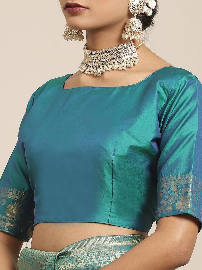 Teal teal & gold-toned woven design zari silk blend kanjeevaram saree