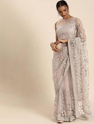 Beige floral embroidered beads and stones embellished net saree 1