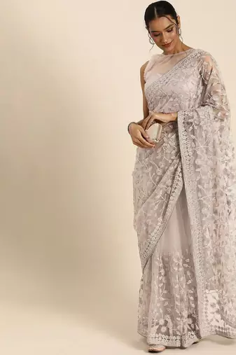 Beige floral embroidered beads and stones embellished net saree