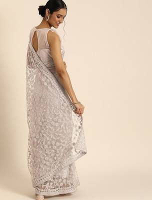 Beige floral embroidered beads and stones embellished net saree 2