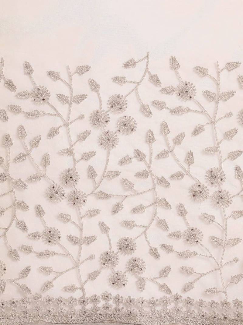 Beige floral embroidered beads and stones embellished net saree