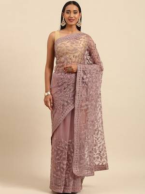 Pink embroidered beads and stones embellished net saree 1