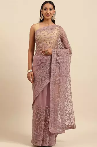 Pink embroidered beads and stones embellished net saree