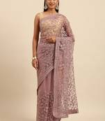 Pink embroidered beads and stones embellished net saree