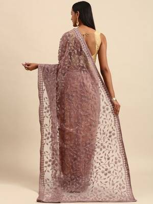 Pink embroidered beads and stones embellished net saree 2