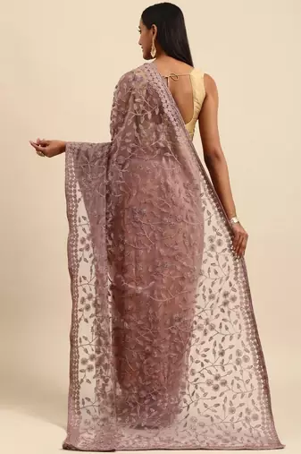 Pink embroidered beads and stones embellished net saree