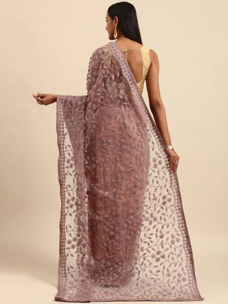 Pink embroidered beads and stones embellished net saree