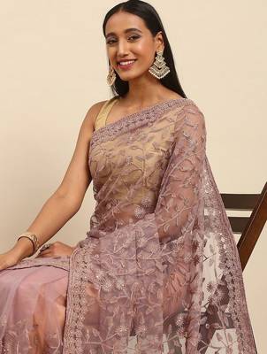 Pink embroidered beads and stones embellished net saree 3