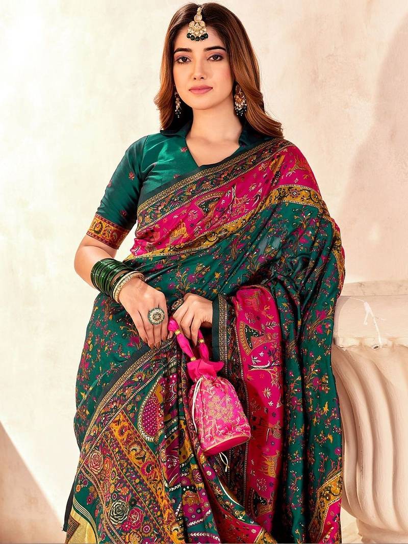 Multicolor ethnic motifs zari pashmina heavy work saree