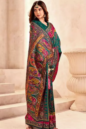 Multicolor ethnic motifs zari pashmina heavy work saree