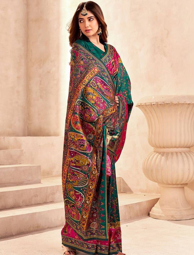 Multicolor ethnic motifs zari pashmina heavy work saree