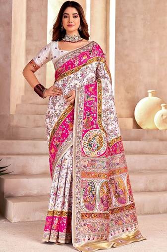 Pink ethnic motifs embroidered pashmina heavy work saree