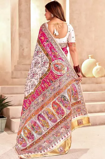 Pink ethnic motifs embroidered pashmina heavy work saree