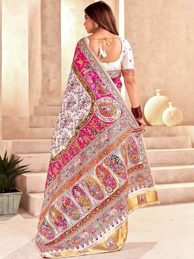 Pink ethnic motifs embroidered pashmina heavy work saree