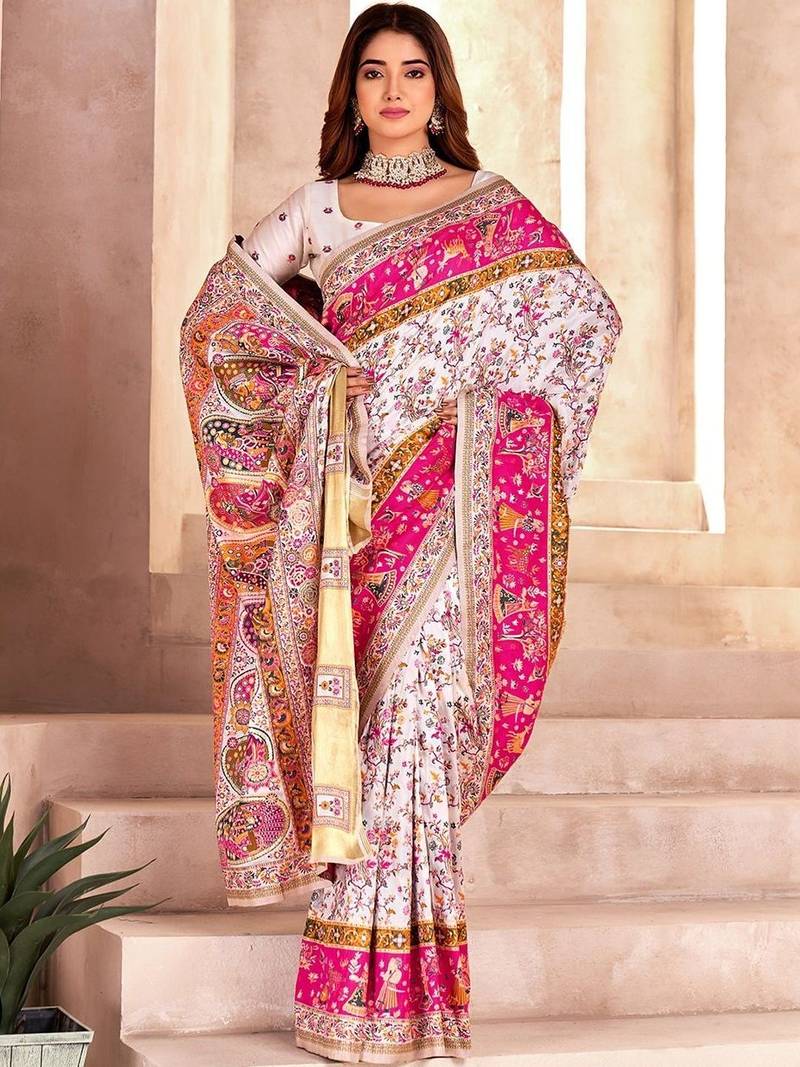 Pink ethnic motifs embroidered pashmina heavy work saree