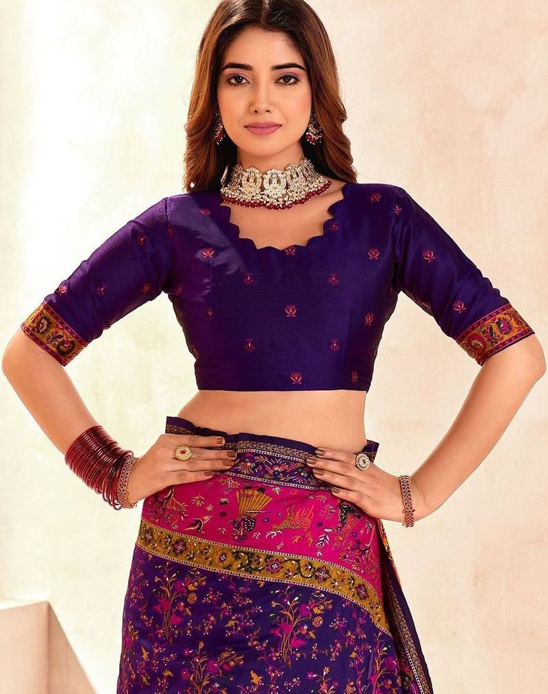 Purple ethnic motifs zari pashmina designer saree