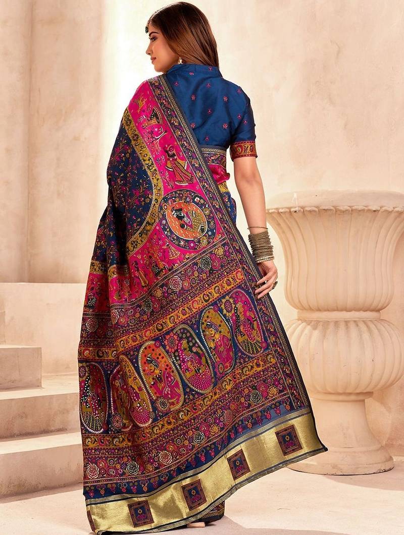 Navy blue ethnic motifs zari pashmina saree