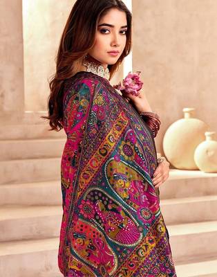 Navy blue ethnic motifs zari pashmina saree 4
