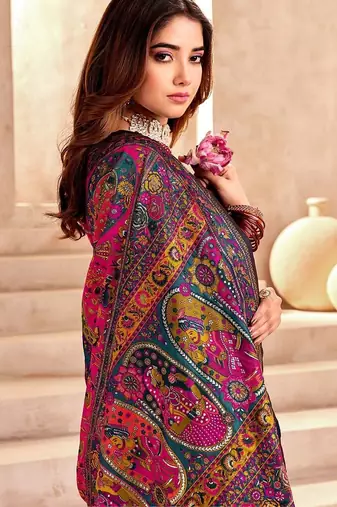 Navy blue ethnic motifs zari pashmina saree