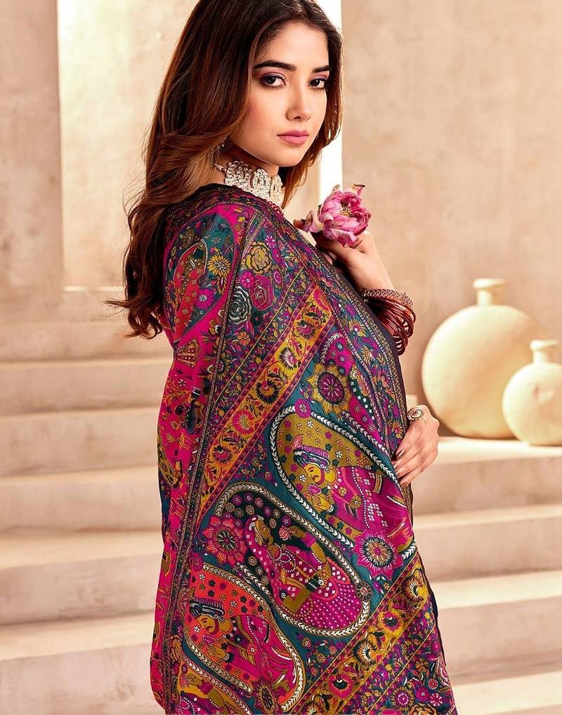 Navy blue ethnic motifs zari pashmina saree