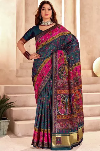 Blue ethnic motifs zari pashmina saree