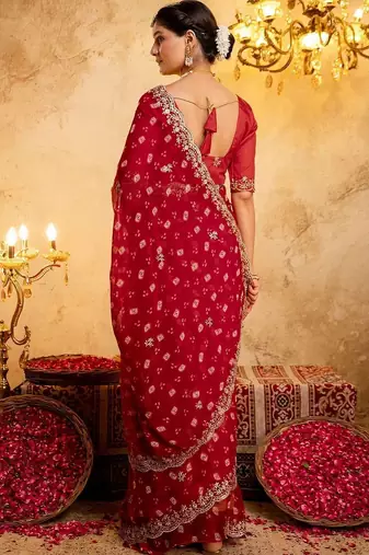 Red bandhani embroidered pure georgette fusion bandhani saree