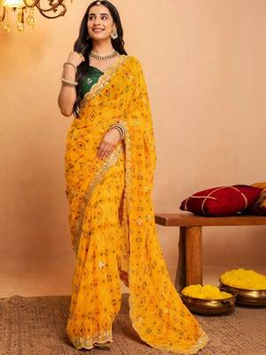Yellow bandhani embroidered pure georgette fusion bandhani saree 1
