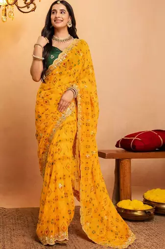 Yellow bandhani embroidered pure georgette fusion bandhani saree