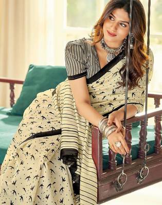 Cream ethnic motifs printed saree 2
