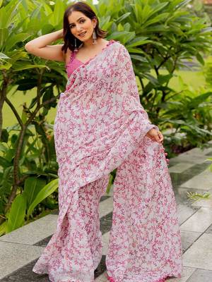 White fashion floral printed ready to wear saree 2