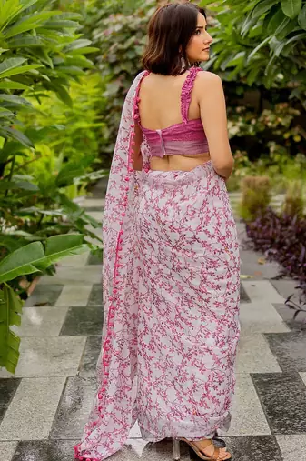 White fashion floral printed ready to wear saree