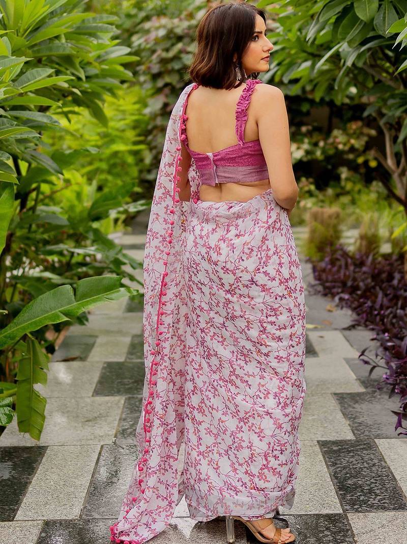 White fashion floral printed ready to wear saree