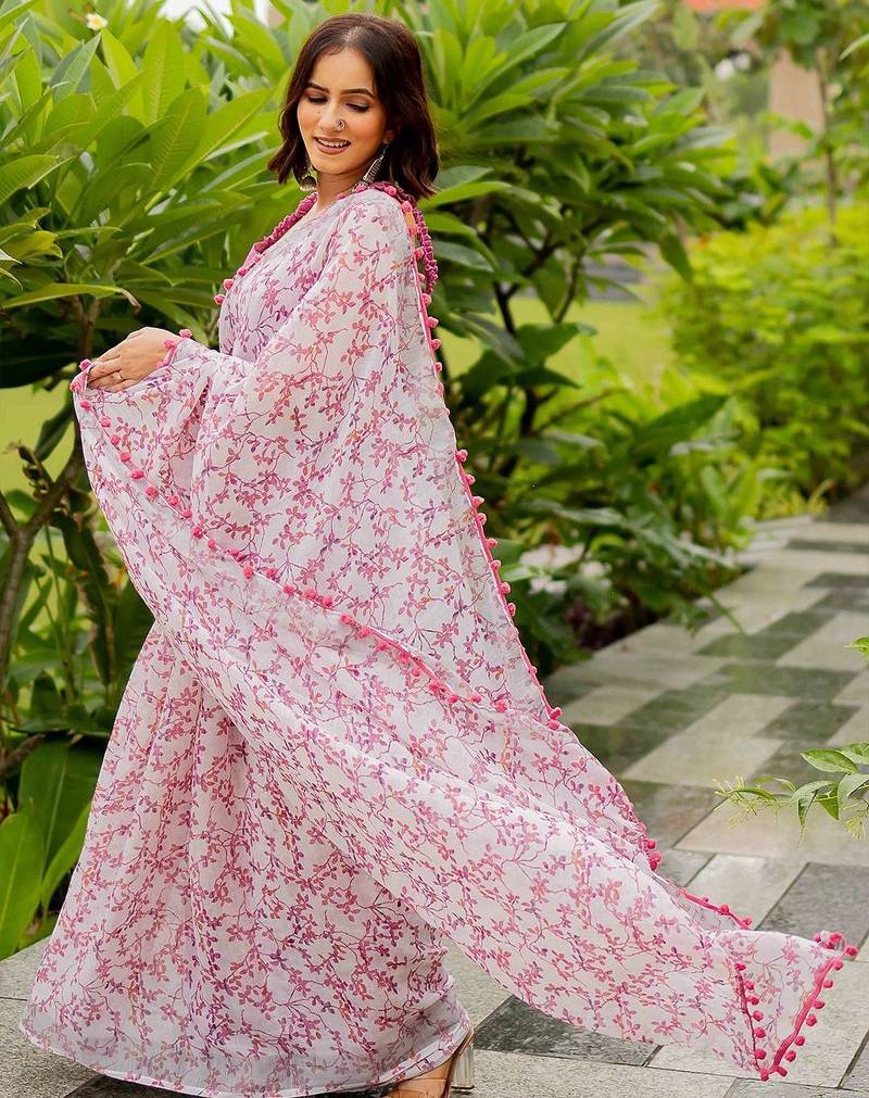 White fashion floral printed ready to wear saree