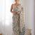 Blue tropical printed mirror work chinon saree with blouse piece