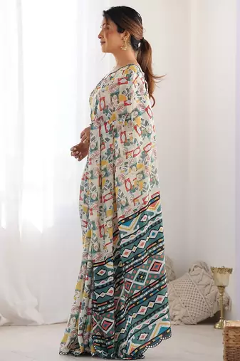 Blue tropical printed mirror work chinon saree with blouse piece